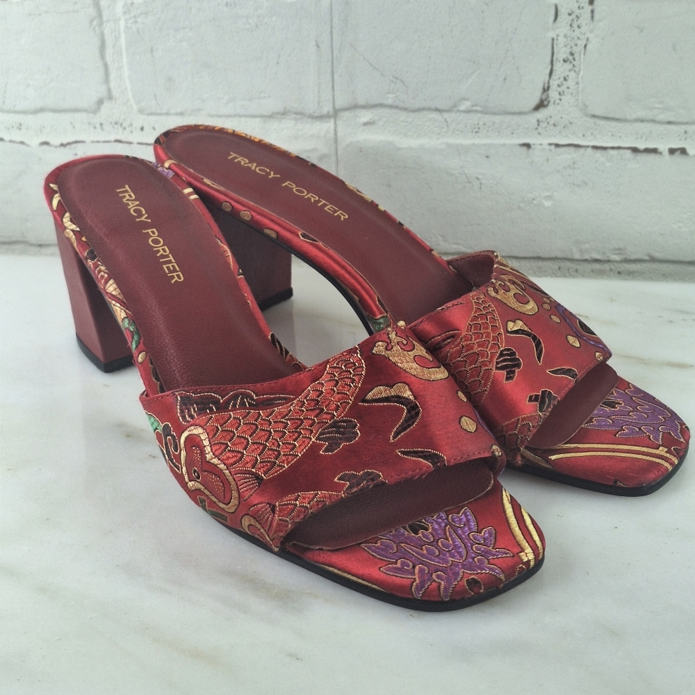 Tracy Porter Red Patterned Satin Mules with Purple Accents - Picture 2 of 4